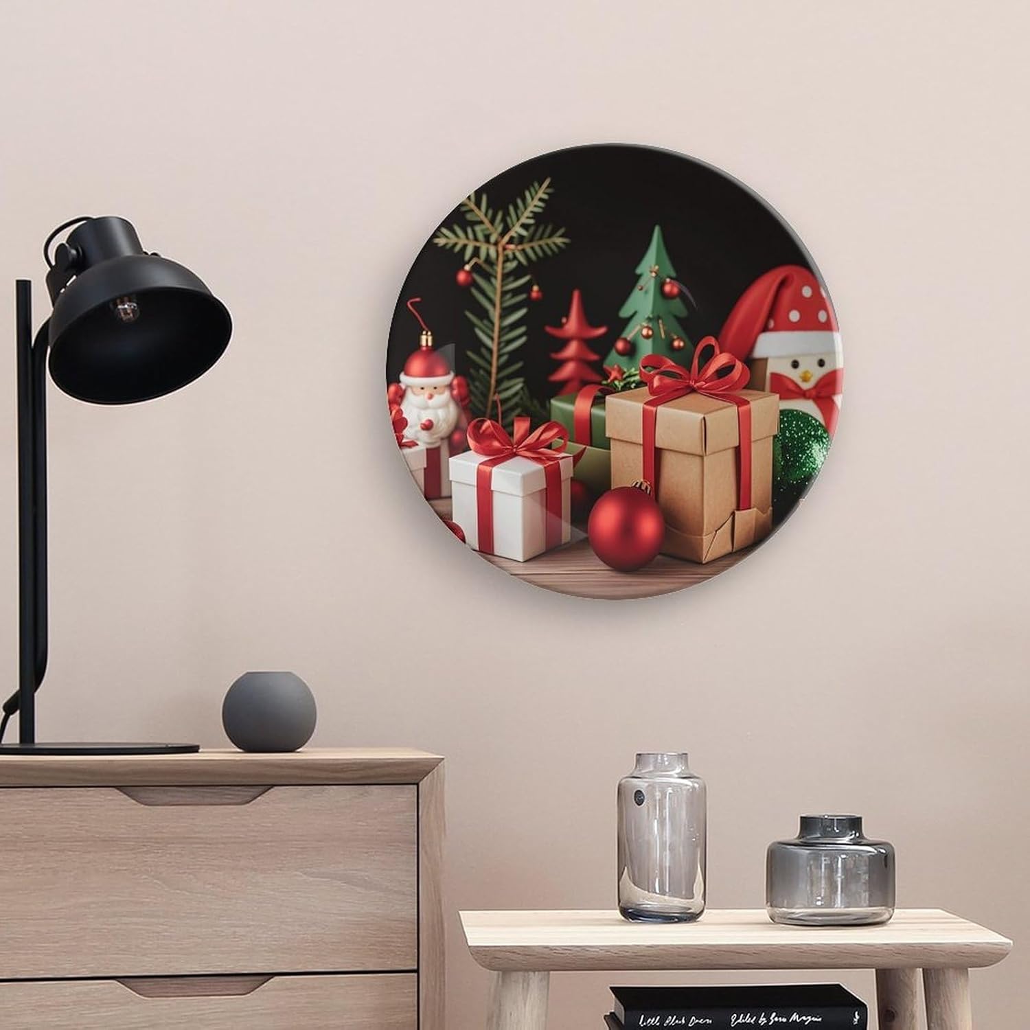 Xmas Decoration Christmas Gift Decorative Ceramic Plate Round Porcelain Plate Decor Personalized Bone China Decorative Plates Ceramic Ornaments Dessert Plates with Display Stand 10inch