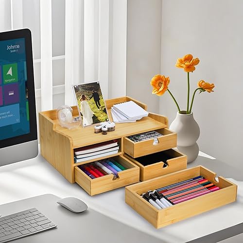 Miniatura 2 de Organizador de escritorio de bambú con cajones, pequeños cajones de escritorio de 3 niveles para encimera, mini contenedores de almacenamiento de