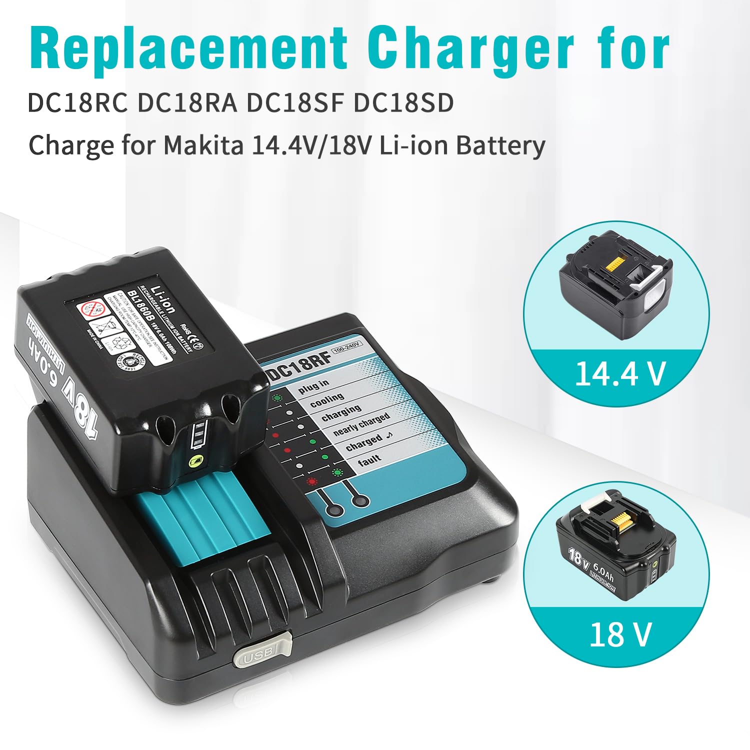 Juego de cargador DC18RF con batería de 18 V 5,0 Ah para Makita BL1860B BL1860 BL1850 BL1840 con indicador de carga LED