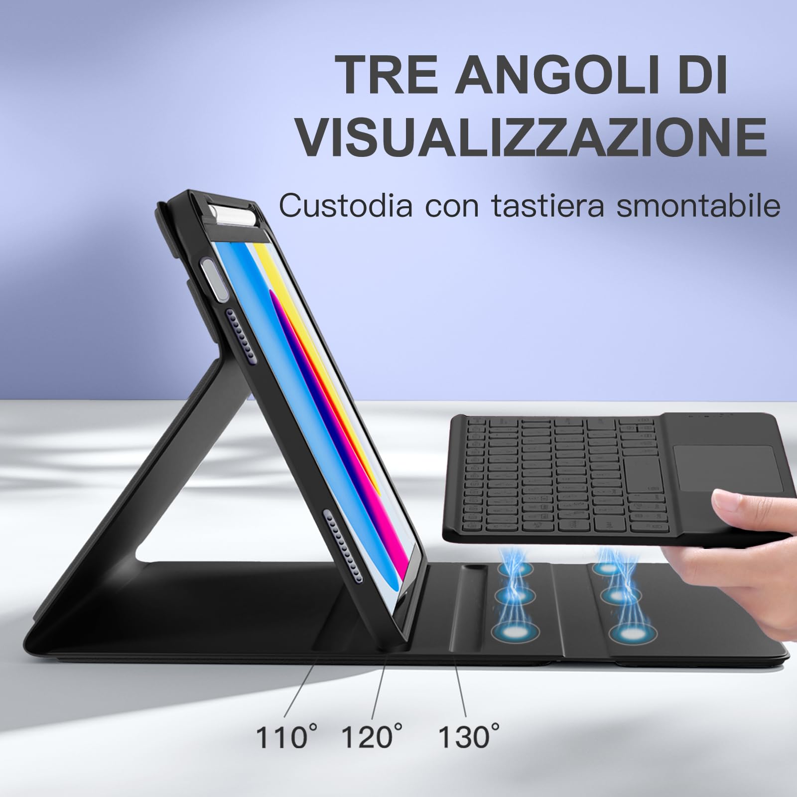 Vobafe Tastiera iPad 10 Generazione 10.9 Pollici 2022, Cover con Tastiera Rimovibile iPad A16 11 Gen 2025 con Trackpad, Italiano QWERTY con 7 Colori Illuminato, Custodia con Portapenna,Nero