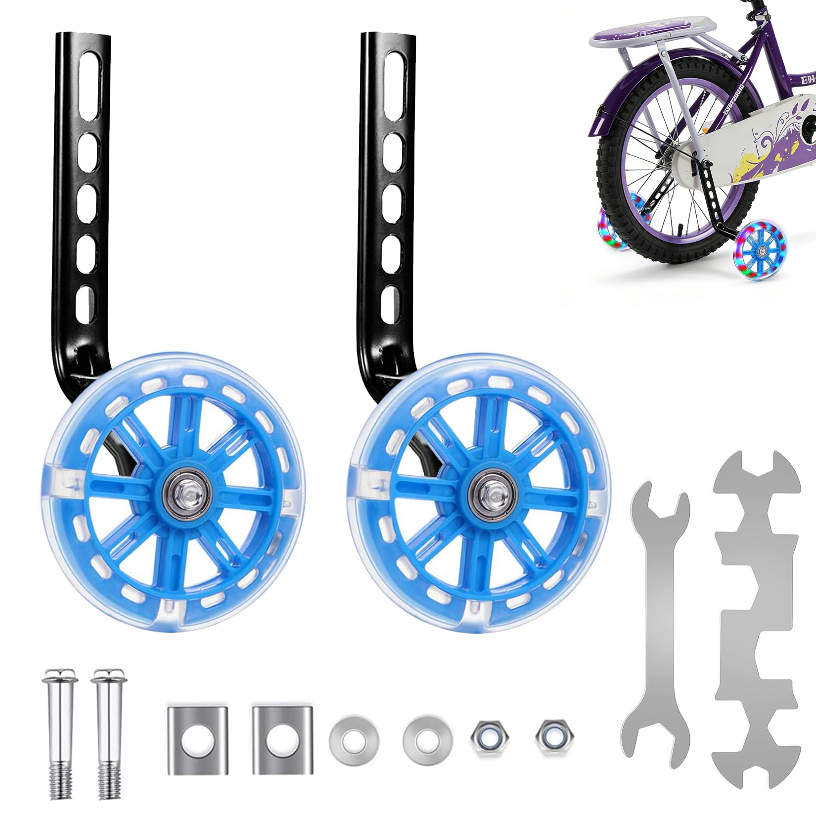 GothicBride Bicycle Stabilisers 2 Pieces Universal Adjustable Auxiliary Wheels with Luminous Safety Stabilisers Universal Auxiliary Wheels (Blue)