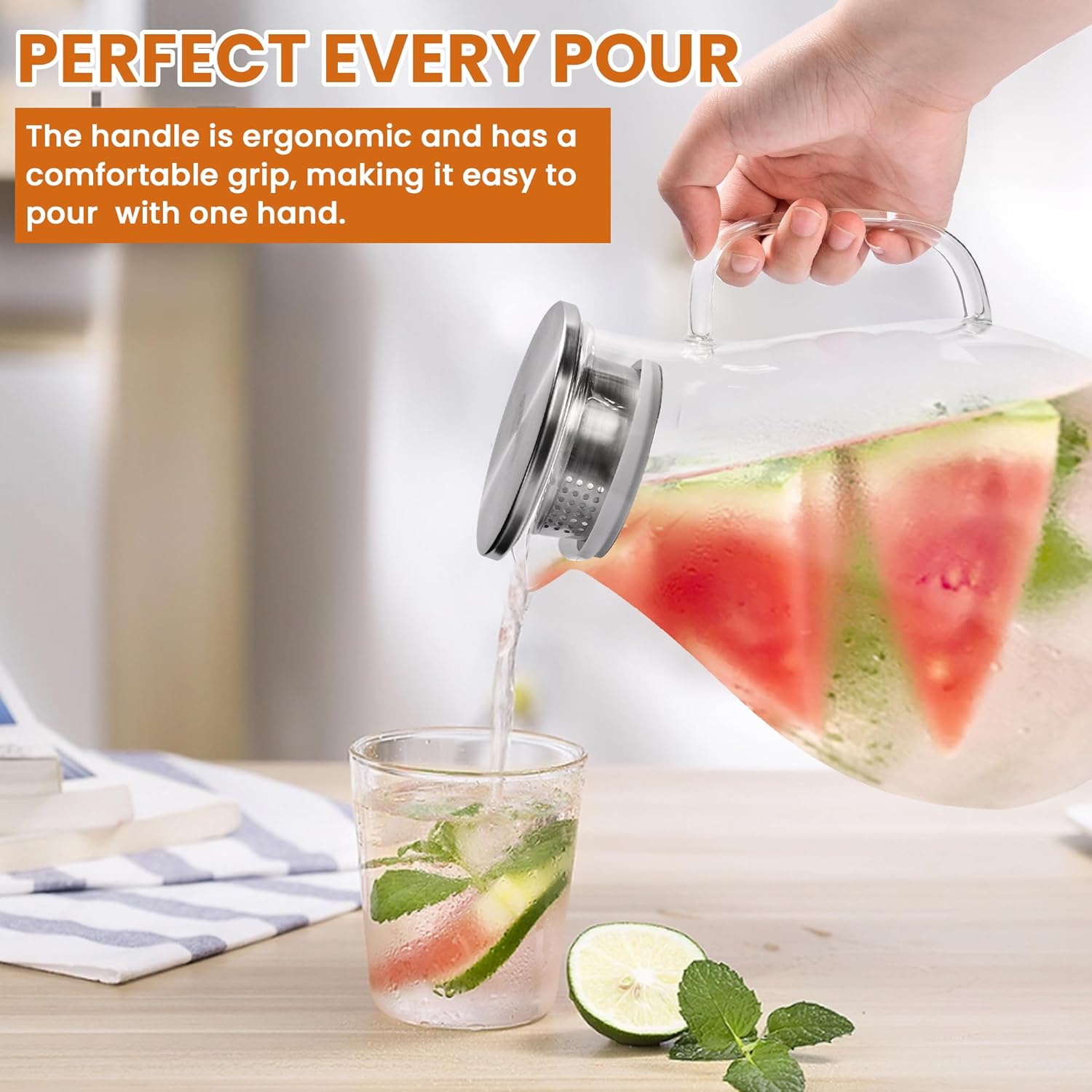 SUSTEAS 3 Litre 101oz Glass Pitcher Jar with Lid and Nozzle, 3.17Quart Cold/Hot Water Glass Water Bottle, Ice Tea for Refrigerator, Large Water Jar for Juice, Milk, Coffee or Homemade Drinks - Image 6