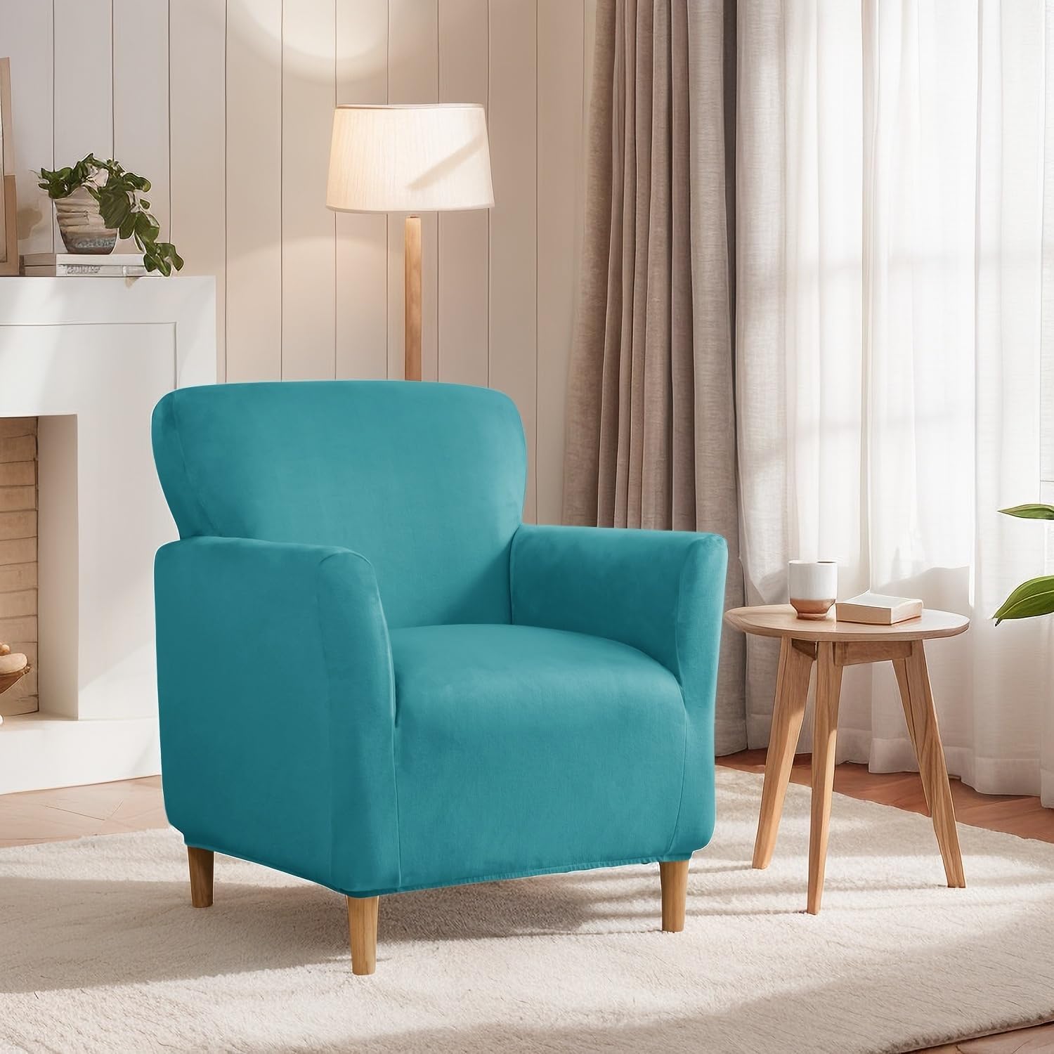 Stretch Chair Covers with Arms 1-Piece Banquet Armchair Slipcover Velvet Mid Century Modern Armchair Slipcover Anti-Slip Furniture Protector for Living Room Friendly for Kids Pets (Turqouise)