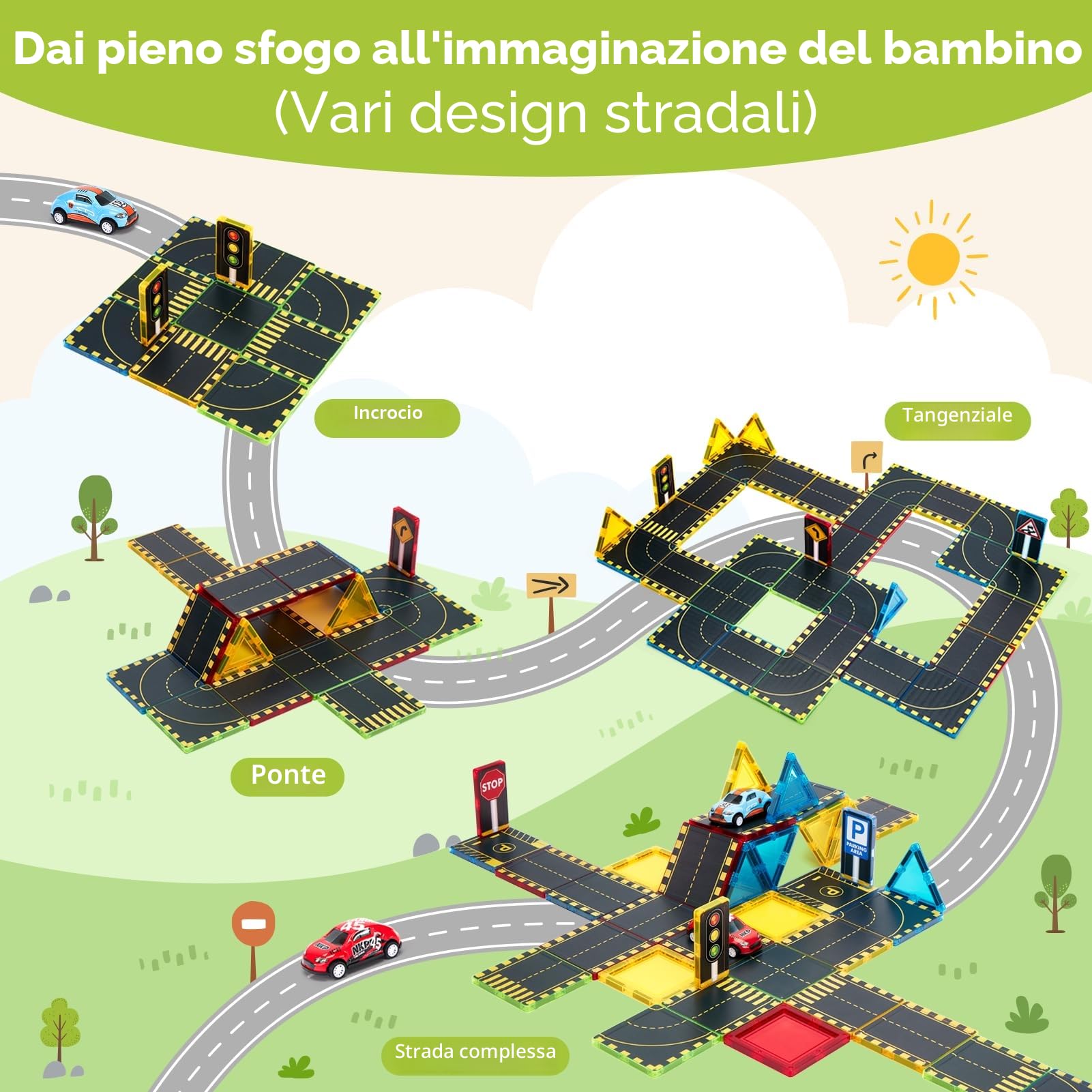 hahaland Costruzione Magnetiche 3-5 anni, Tessere Magnetiche Costruzione Bambino 38 pezzi, Blocchi Magnetici Strada Città con 2 Macchinine, Regalo Bimbo 3 4 5 6 anni