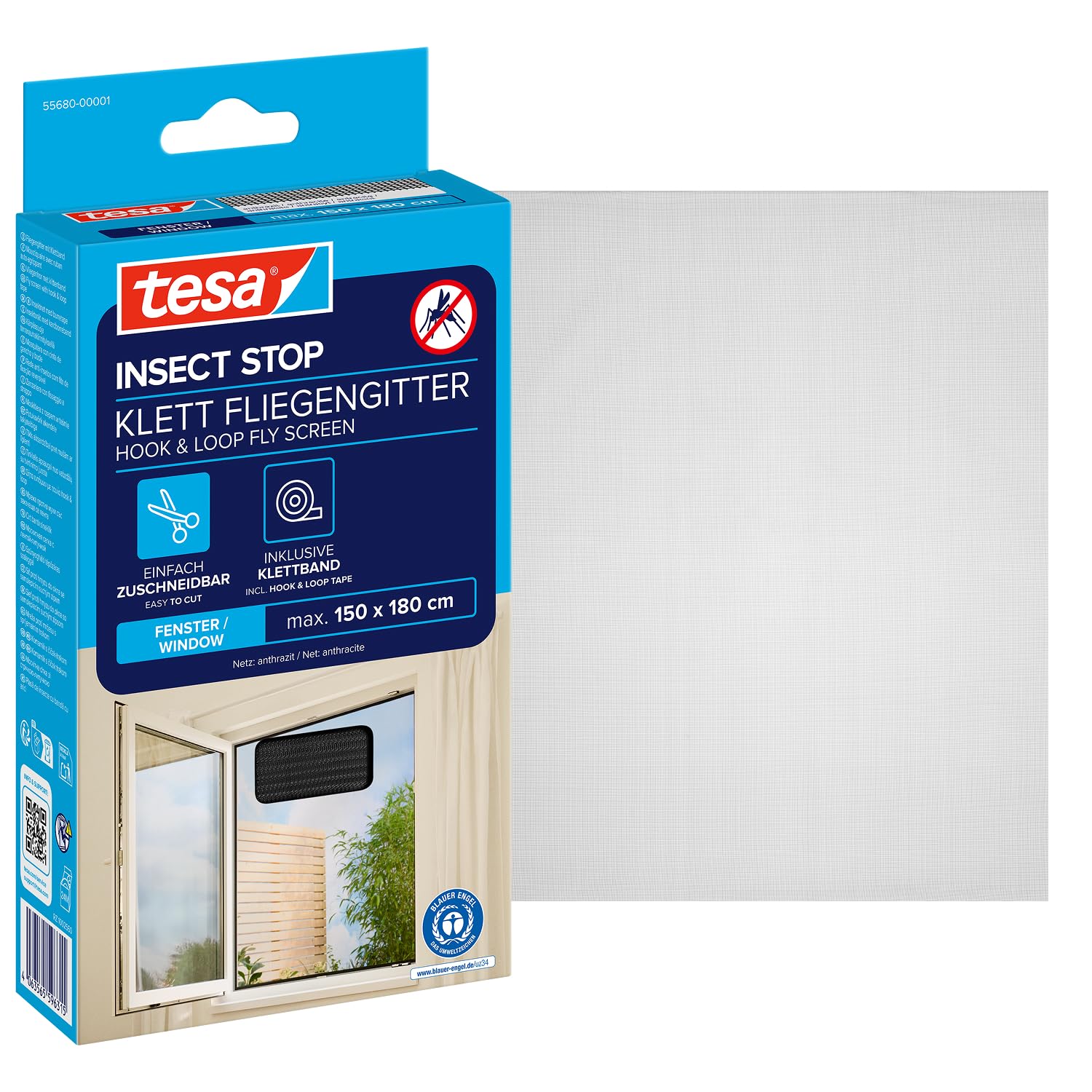 tesa Insect Stop Hook & Loop STANDARD for Windows - Self Adhesive Window Fly Screen - Cut to Desired Size - in Anthracite, 150 cm x 180 cm