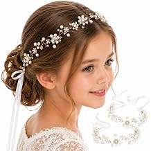 Flower Girl Headpiece 2 Pcs for Wedding, Communion Headband with Pearls Crystals, Bridal Hair Accessories for Girls Women, White Ribbon Tie Hair Vine for Bridesmaid