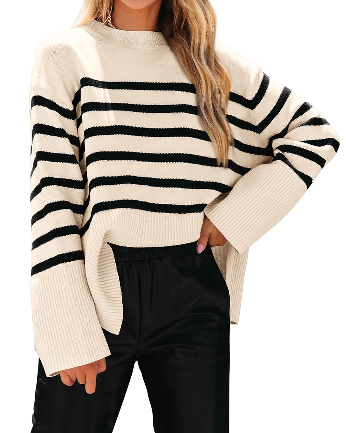 KIRUNDO Womens Striped Knit Oversized Fall Sweaters 2026 Trendy Clothes Crewneck Winter Pullover Sweater Side Split