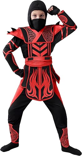 Spooktacular Creations Disfraz de Ninja para niños, disfraz de Ninja rojo y negro para niños, disfraz de Halloween con accesorios para fiestas