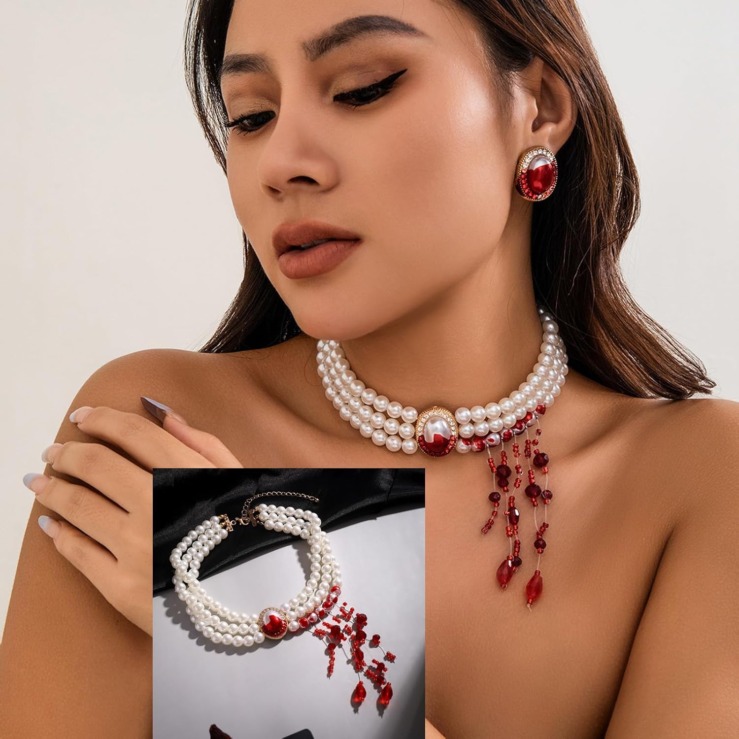 Vampire Earrings Necklace for Women Halloween Jewelry Set Vintage Dripping Blood Pearl Earrings Blood Pearl Choker Necklace Wicked Bloody Necklace Vampire Costume Women Halloween Costume Accessories - Image 3