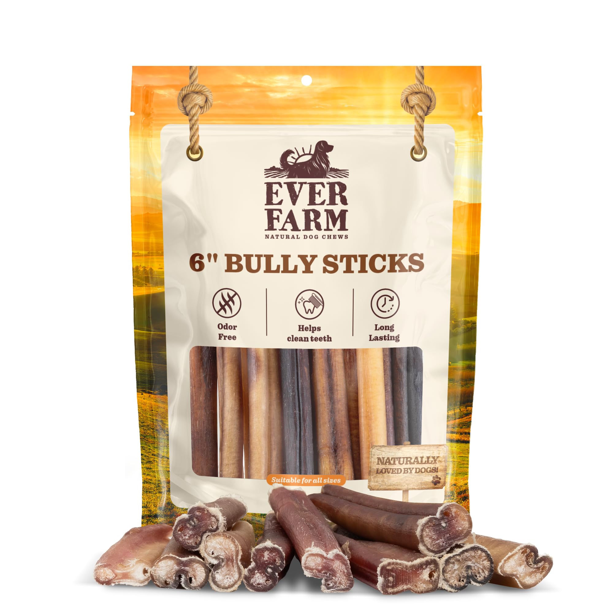 EVER FARM Odor-Free Bully Sticks (6", 25 Pack) – 100% Grass-Fed Beef Pizzle Dog Chews, Fully Digestible & Long-Lasting Dental Treats