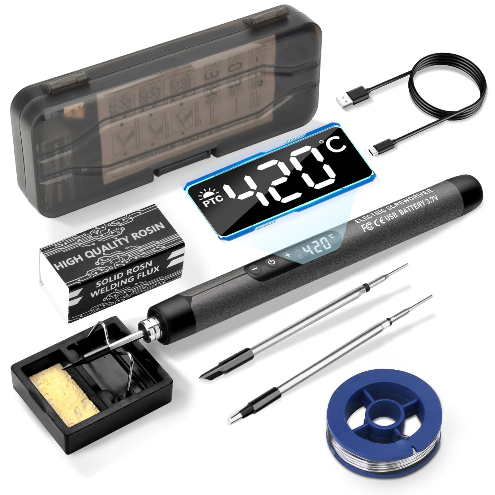 diymore Juego de soldador inalámbrico, USB, 5 velocidades, temperatura ajustable 260 ℃-420 ℃, 3 puntas de soldadura, alambre de soldadura, pasta de soldadura, batería de soldador para reparación de