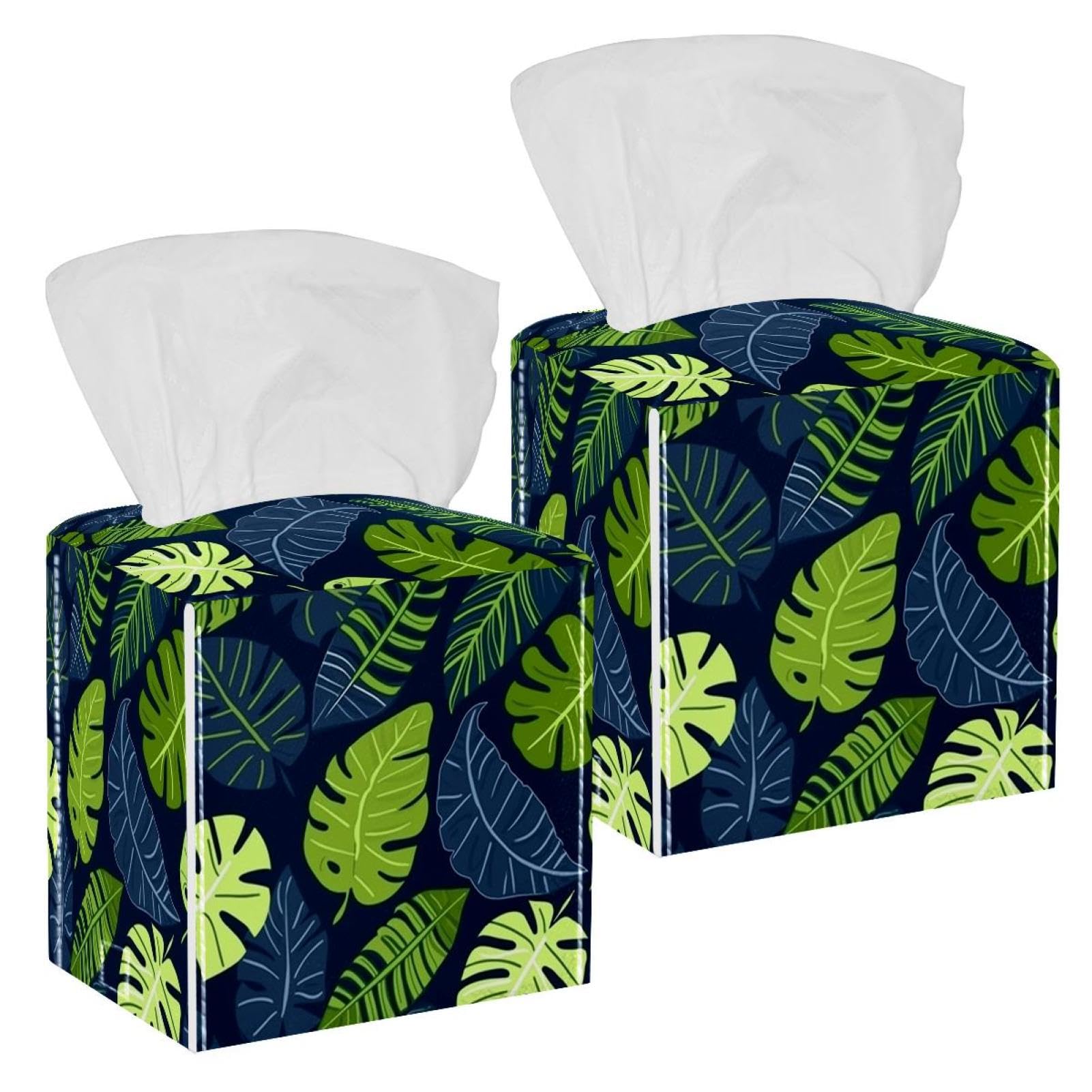 Artistic Leaves Tissue Box Cover, 2 Pack PU Leather Square Facial Tissue Dispenser Box holder for Home Office Car
