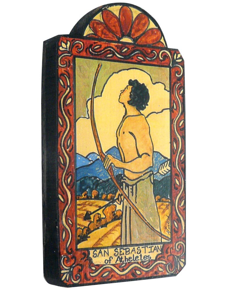 San Sebastian Patron Saint of Athletes and Archery Handmade Retablo Plaque, 3.5 x 6.5 Inches