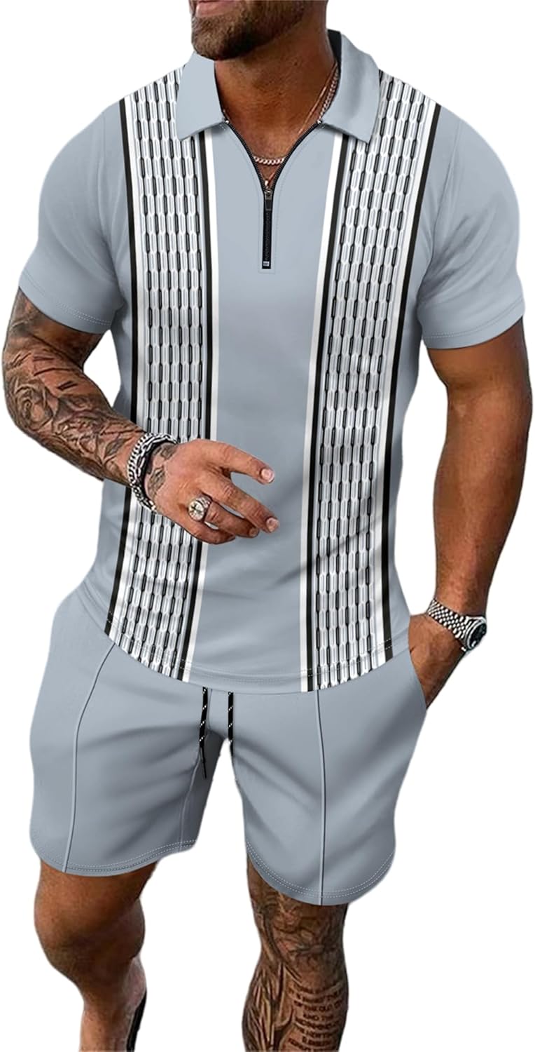 Men's shorts suit two-piece polo shirt fashion summer sports casual suit men's 1/4 zipper short sleeve