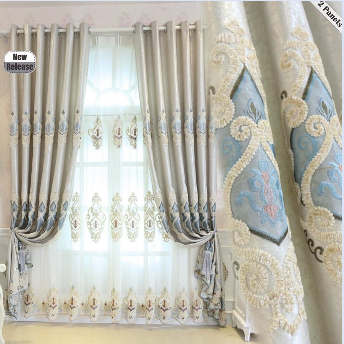 F-CHU Luxury Embroidered Curtains 96 inches Long Elegant European Style Living Room Curtains 2Panels(W52 x L96inch) Silver