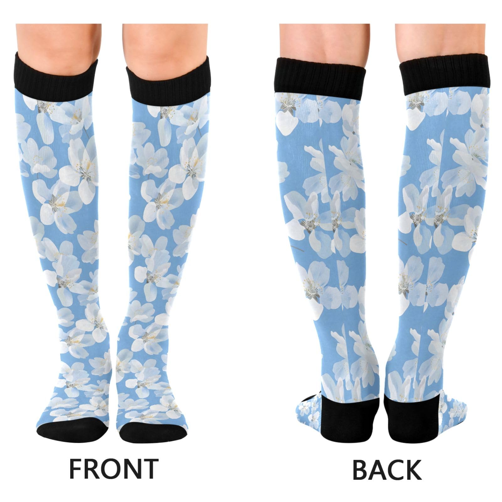 ALAZA Athletic Compression Socks Knee High Socks Stockings for Women Cute White Flower Running Circulation Sport Football