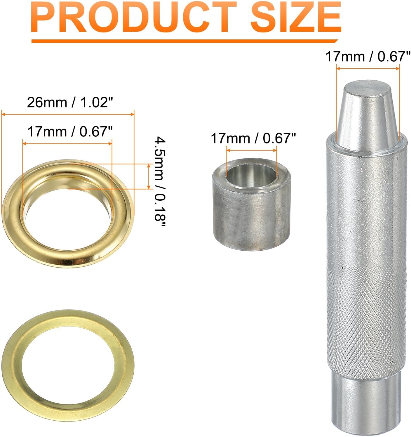 HARFINGTON 80Set Grommets Eyelets 17mm Copper Eyelets Kit with Washers & Setting Tool for Fabric Curtain Tarps Leather Belt Shoes Bag DIY, Gold