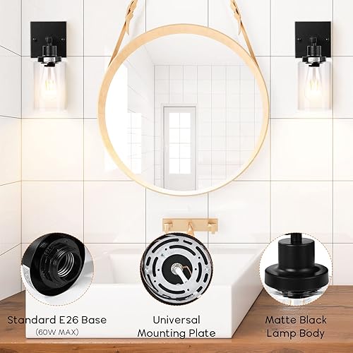 Miniatura 5 de Towallmark Juego de 2 apliques de pared para baño, lámparas de iluminación de pared negro mate, luces de pared de granja con pantalla de vidrio