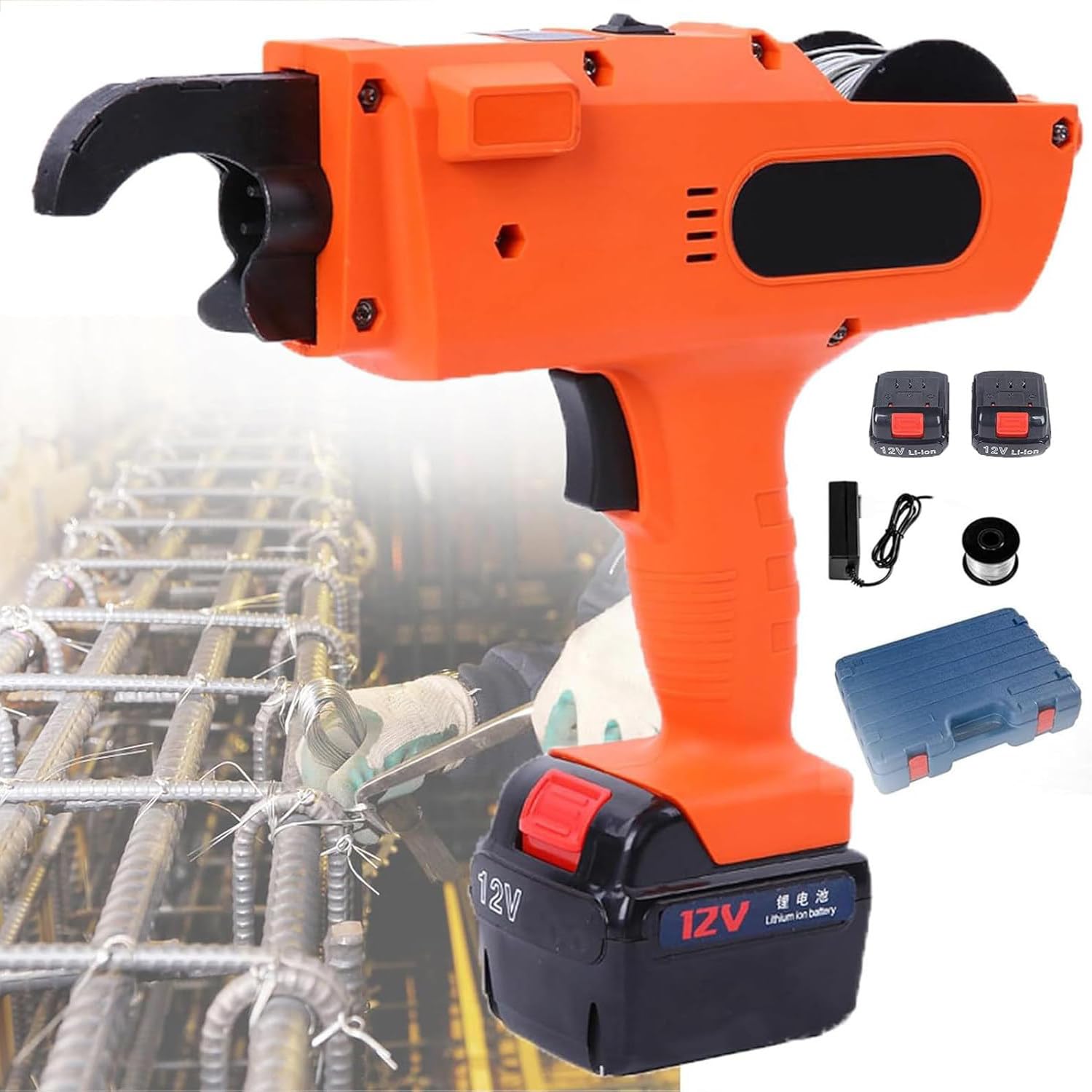 Atadora De Varillas De Hormigón Armado 12v Recargable,Máquina Automática para Atar Alambre,Incluye 2 Baterías Y Cargador,Ideal para Obras Civiles Y Estructuras Metálicas,2 * 9000Amh-8-34mm