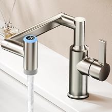1080 Rotatable 1 Hole Bathroom Faucet with Temperature Display | Swivel Vanity Faucet, Modern Height Adjustable Design, 2 Water Outlet Modes, Battery-Free Operation, Brushed Nickel