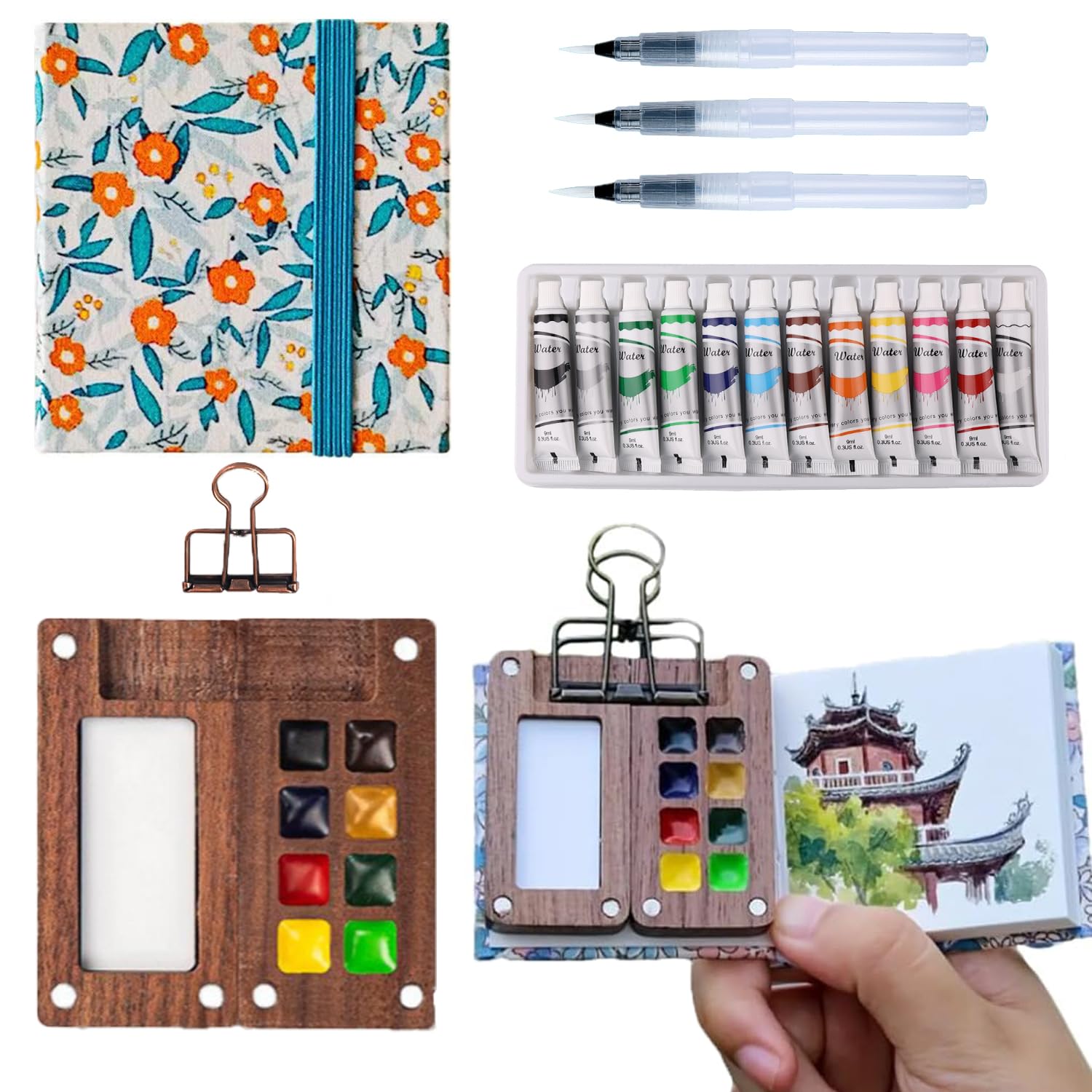 Tobio's Watercolor Set, Tobio's Watercolor Travel Kit, mini watercolors sketchbook. Travel Water Color Set with 24 Colors Paints, wooden paint palette, for Painters (Wooden,15 Grids