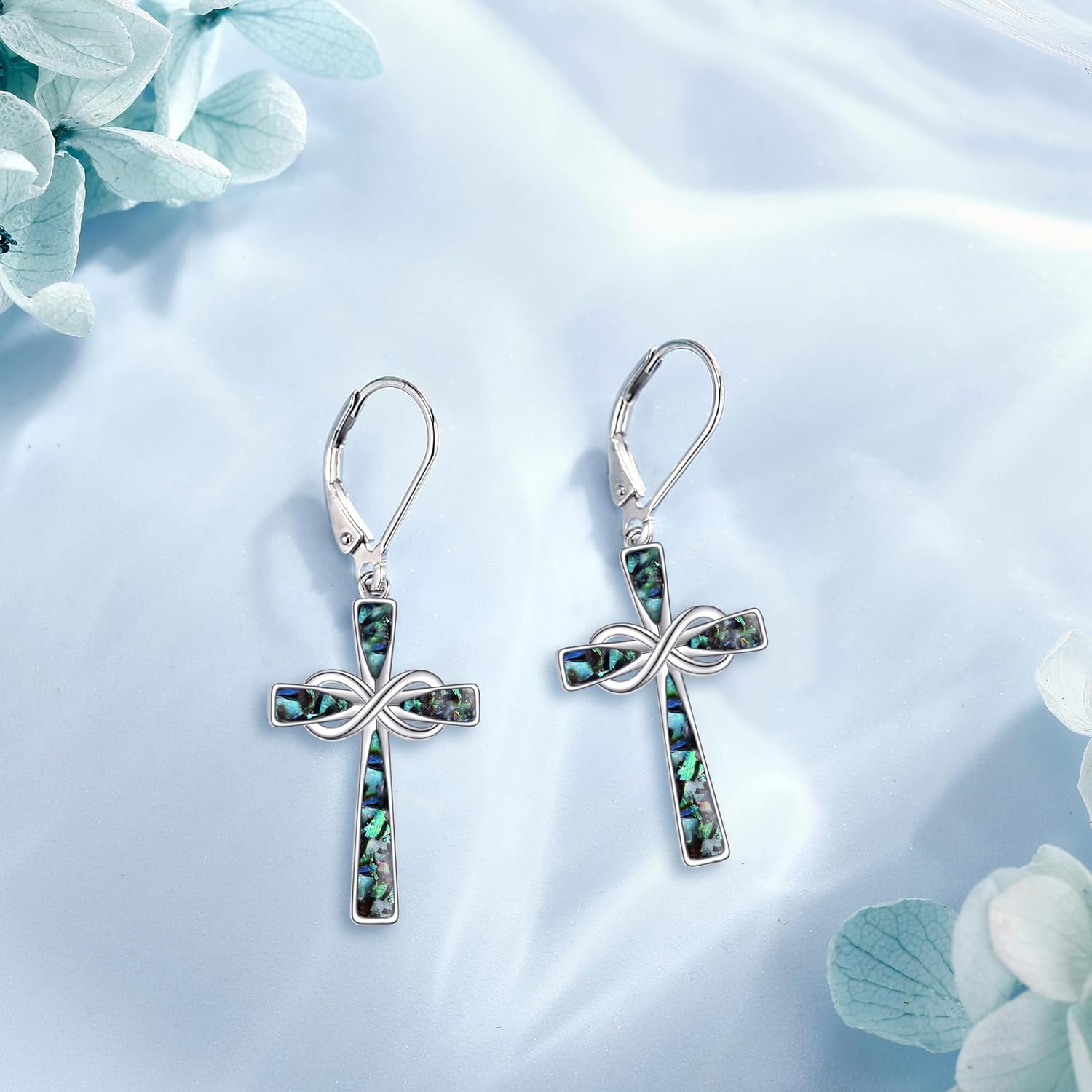 Infinity Cross Earrings S925 Sterling Silver Abalone/Turquoise/Opal Dangle Earrings Leverback Christian Jewelry For Women Lover Mother Gifts - Image 3