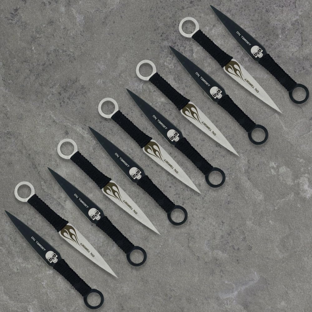Skull Master Throwing Knife Set and Target - 12 Stainless Steel Throwing Knives, Durable Nylon Sheath, Custom Skull Throwing Target - Hone Your Knife Throwing Skills - 6” Knives