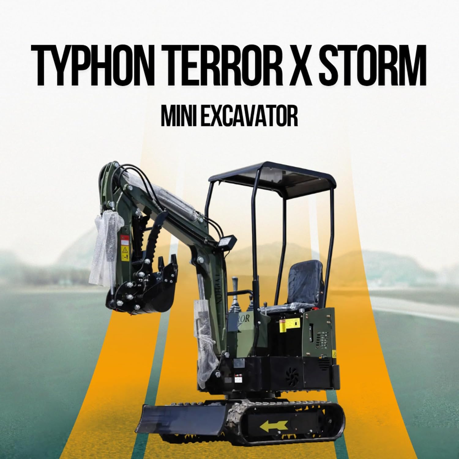 TYPHON Terror X Storm Mini Excavator – 1 Ton Trench Digger with Canopy, Wide Bucket – Mini Excavator Machine for Garden, Farms, Parks, Roads – Ideal for Digging, Drilling, Bull-Dozing