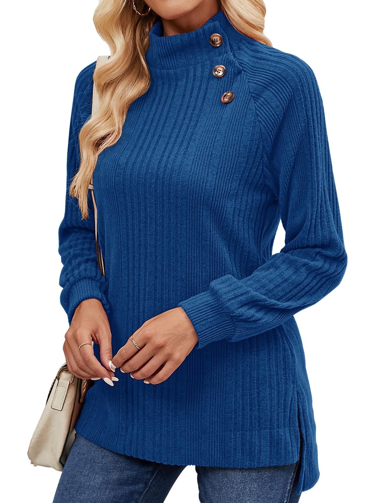 LURANEE Womens Long Sleeve Tunic Tops Turtle Neck Sweater Light High Low Side Split Sweatshirt