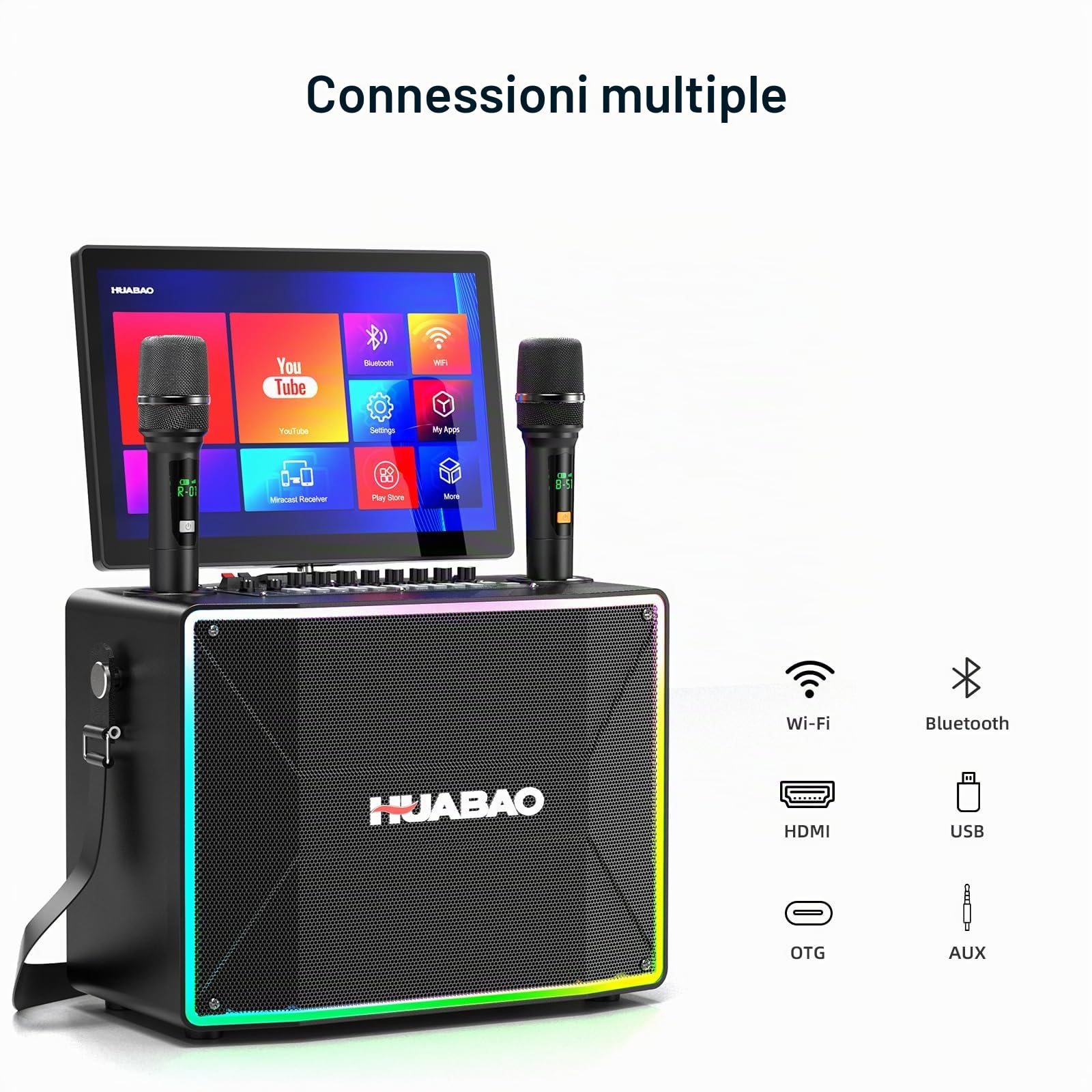 Macchina per karaoke intelligente con tablet da 14 pollici, schermo e display per i testi, altoparlante professionale per karaoke, 2 microfoni wireless, sistema PA Bluetooth, WiFi/HDMI/luci LED