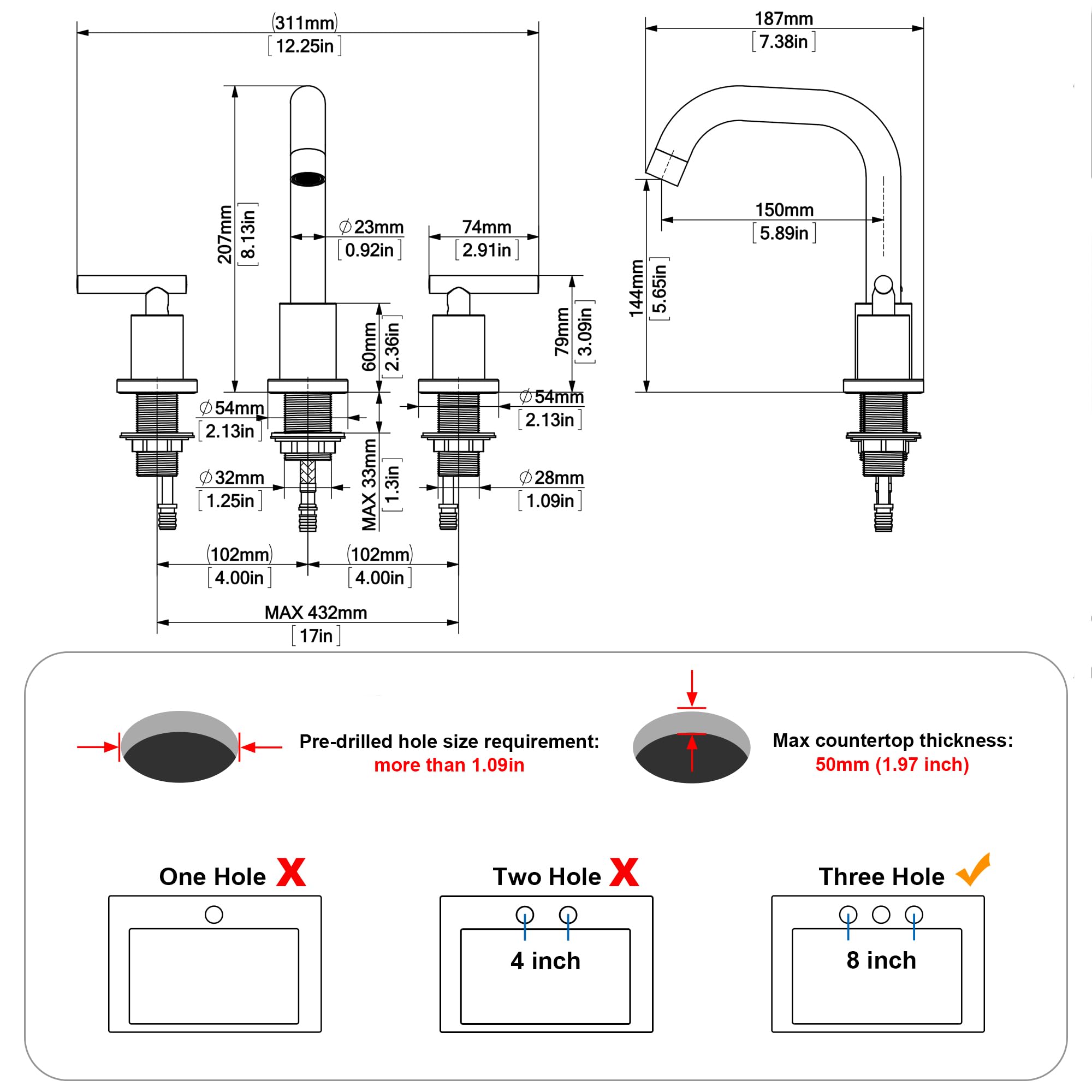 FLOR FURORA ×3 FROPO Brushed Gold Bathroom Faucet for Sink 3 Hole, 8 inch
