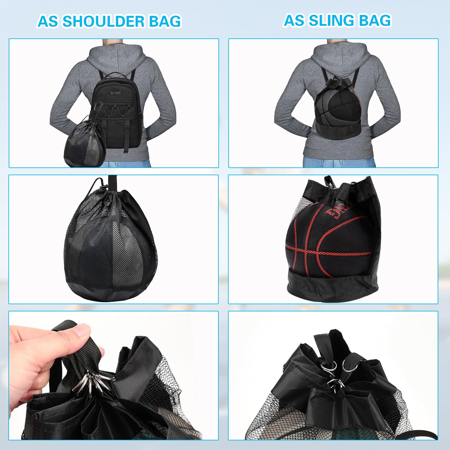 2 Pièces Sacs à Balles, Sacs Basketball, Sac à Ballon en Maille Oxford, Sac Ballon de Basket, Filet Pliable avec Poche Zippée et Mousqueton pour Basketball, Football, Volley (Adolescents & Adultes)