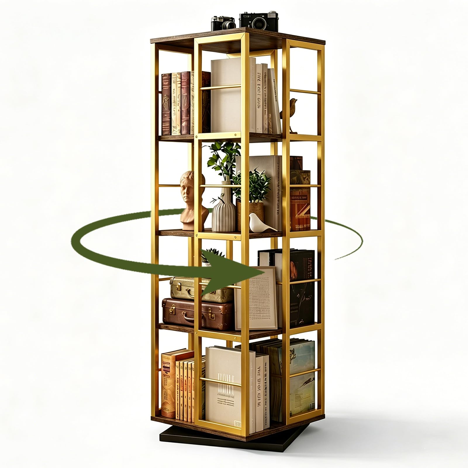 Drehbares Bücherregal 360° mit Stahlrahmen, 4 Fächer, 137 cm Gold | CD Regal & DVD Aufbewahrung, drehbares Bücherregal 360° mit Kippsicherung, stabiler Stahlrahmen für Wohnzimmer & Büro