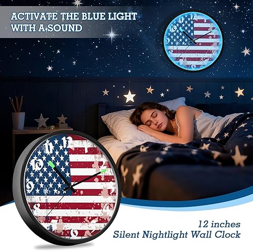 Miniatura 5 de STAYTOP Retro American Flag LED Wall Clock for Bedroom Night Glow,12 Inch Silent Light Up Wall Clocks for Living Room Decor, Sound Control Modern