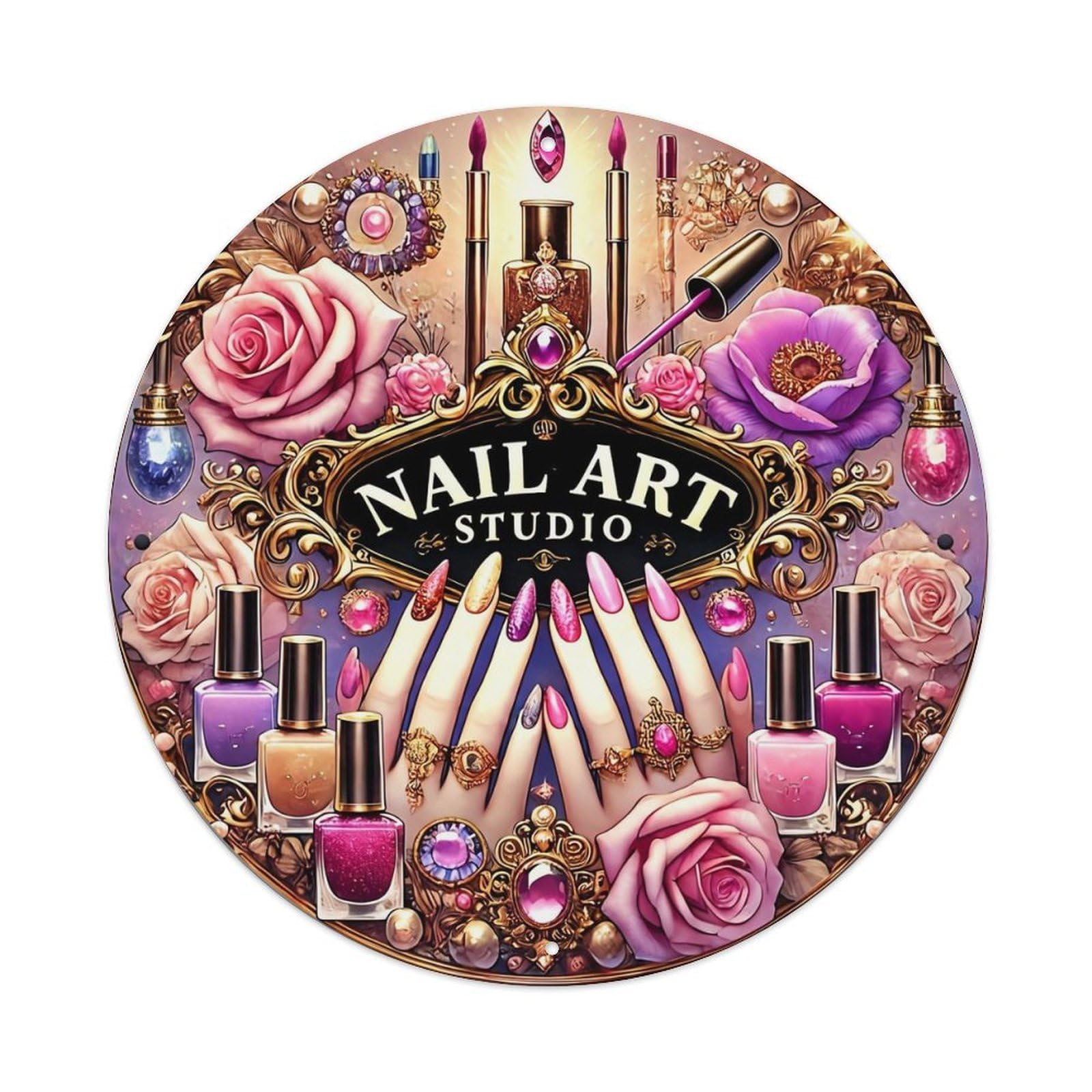 Nail Art Studio Design Pattern Round Tin Sign Vintage Metal Sign Home Bar Garden Indoor & Outdoor Wall Decor Retro Metal Poster 8x8 Inch