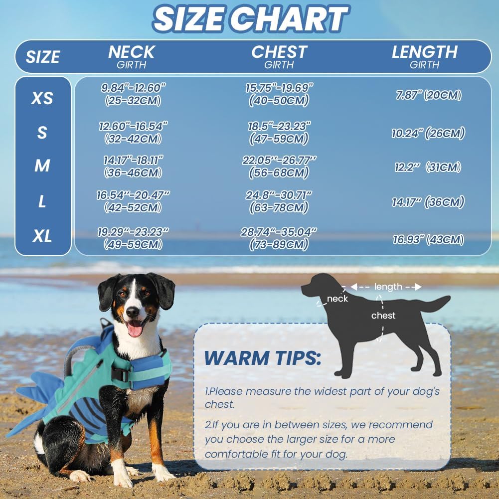 EMUST Dog Life Vests, Sports Style Puppy Life Jacket for Boat with Reflective Stripes, High Visibility Shark Life Jacket for Dogs, Medium Dog Vest Pool, Blue, M