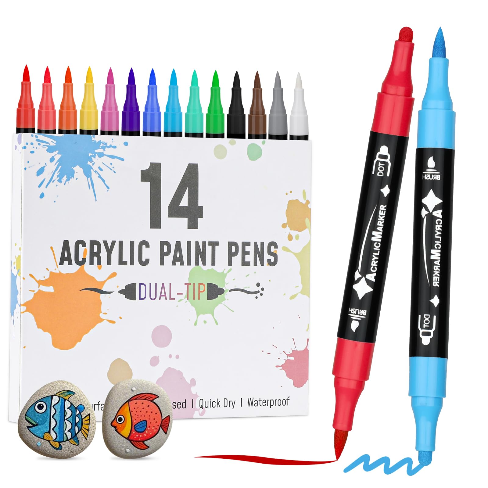 VynyQoo 14 Colori Pennarelli Acrilici, Pennarelli Acrilici per Dipingere Sassi, Pennarelli Doppia Punta per Tessuti Legno Vetro Ceramica, Acrylic Marker Colori Acrilici Pennarelli per Bambini e Adulti