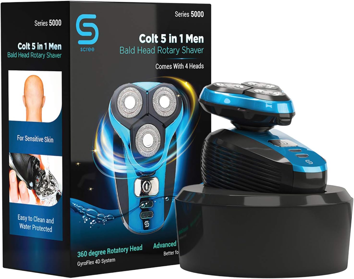 Scree Colt 5-in-1 Electric Rotary Head Shaver for Men – Seamless Razor for a Perfect Bald Look – 5-in-1 Beard Grooming Kit for Men - Rechargeable and Cordless - Waterproof