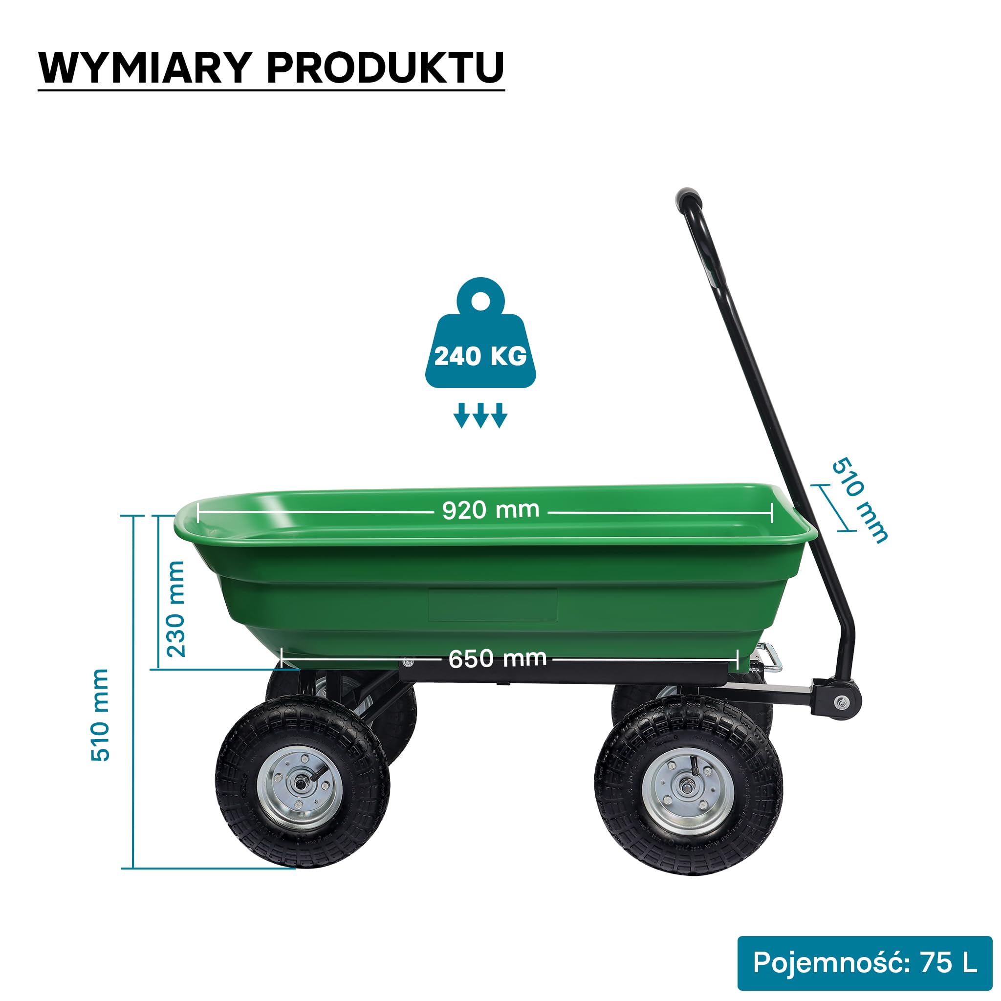 Wiltec Wózek ogrodowy z funkcją pochylenia do 240 kg nośności, wanna plastikowa o pojemności 75 l, wywrotka transportowa na 4 kołach