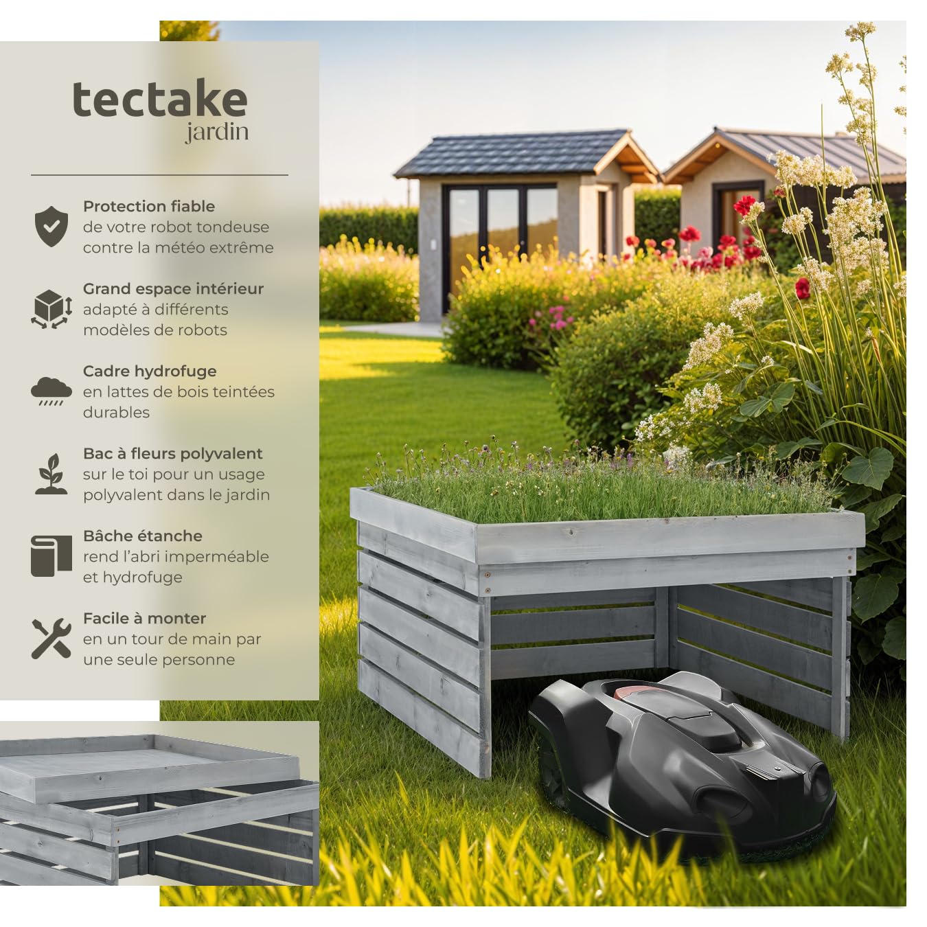 tectake® Abri garage 84x78x46 cm pour Robot tondeuse sans fil périphérique en bois avec Toit végétal bac à plantes bac à fleurs, Rangement jardin pour tondeuse gazon, Résistant aux intempéries & UV