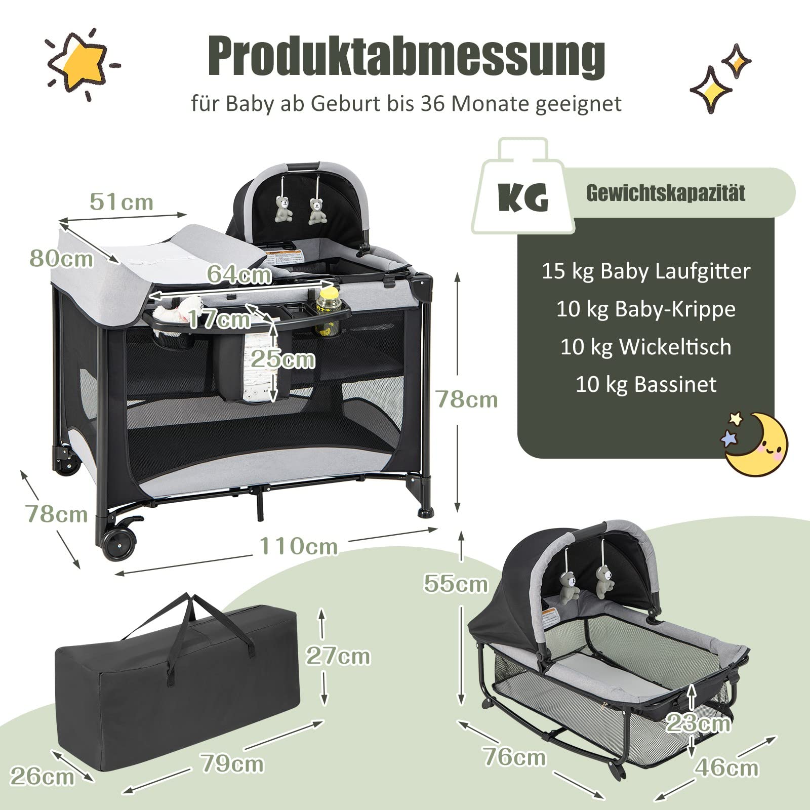 DREAMADE Reisebett Baby mit Matratze, Beistellbett mit Wiege & Wickelauflage, Babybett Set für Neugeborene & Baby bis 36 Monate,110 x 78 cm