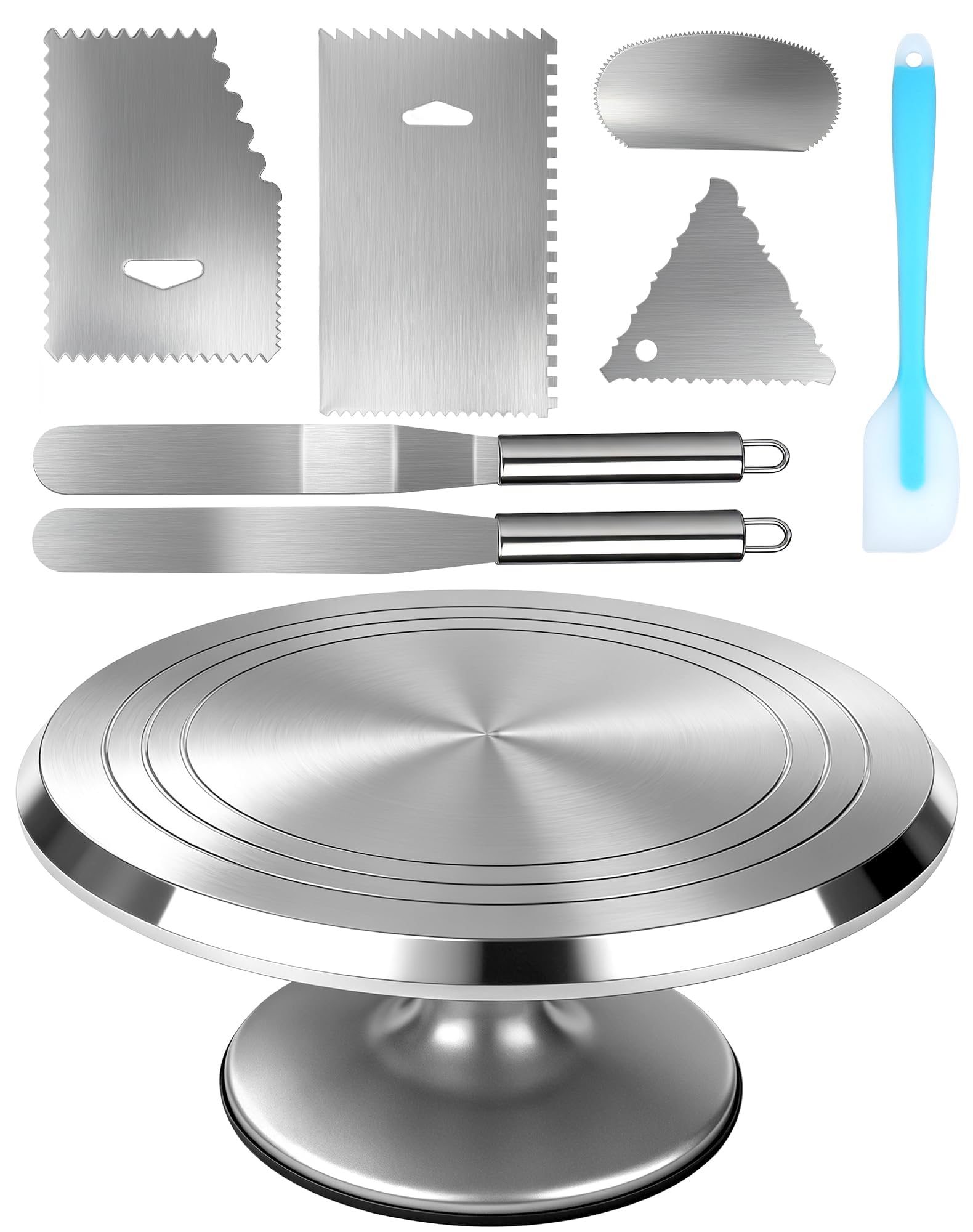 Piatto girevole per torte da 30 cm in alluminio, piatto girevole per torte con rotazione silenziosa a 360°, base antiscivolo, set di accessori per torte con spatola e spatola lisciante