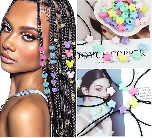 Miniatura 4 de Wavlakth Juego de 1510 cuentas de pelo de color caramelo para niñas, kit de trenzas con banda de goma elástica, corazón de estrella acrílica,