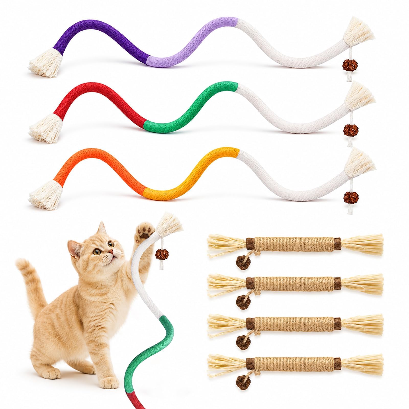 Jouet Chat, 3 Jouet Chat Corde et 4 Pièces Bâtonnets Herbe à Chat, Jouet de Dentition Chaton, Jouet a Macher Chat, pour Grincer des Dents Chats Intérieur Et Nettoyer Les Dents