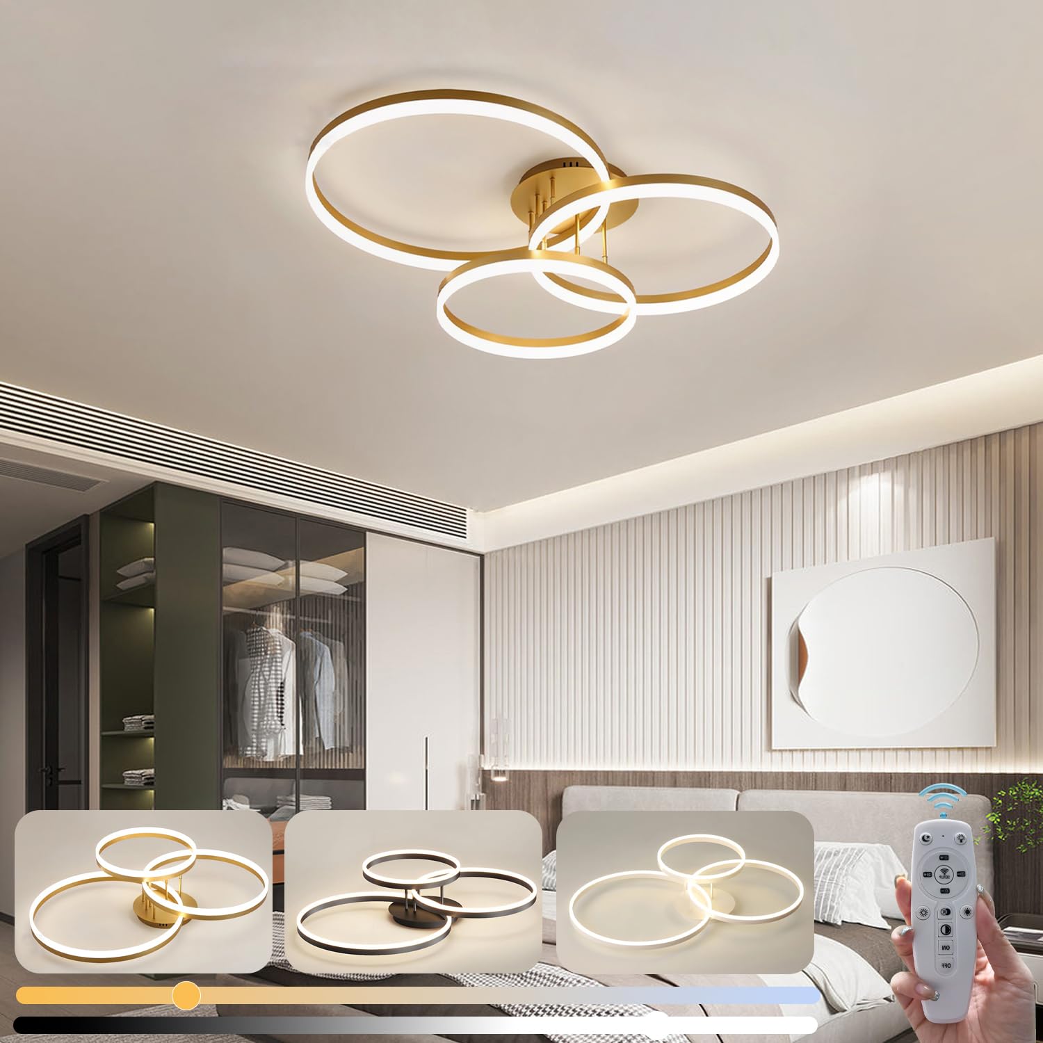 Moderner Led Deckenleuchte Dimmbar Wohnzimmerlampe Verstellbare Runde Deckenlampe mit Fernbedienung 75W 3-Ring Schlafzimmer Decke Licht Bürobeleuchtung für Küche Esszimmer (Gold, L80cm)
