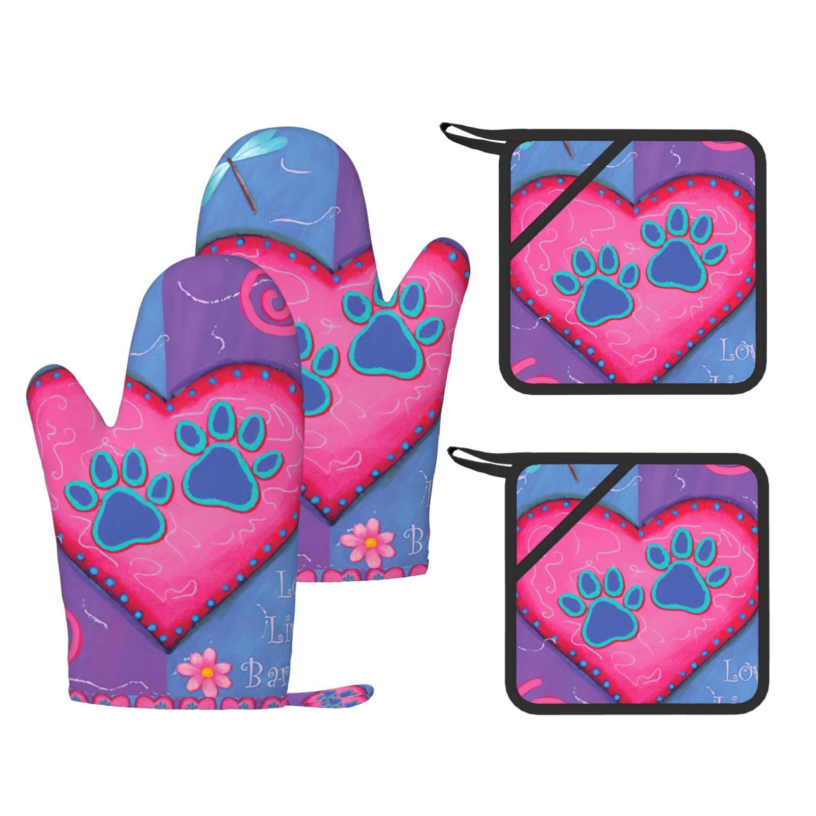 Dog Animal Pet Paw Printed Potholder and Oven Mitt Set of 4, High Heat Resistant Cooking Gloves for BBQ Grilling