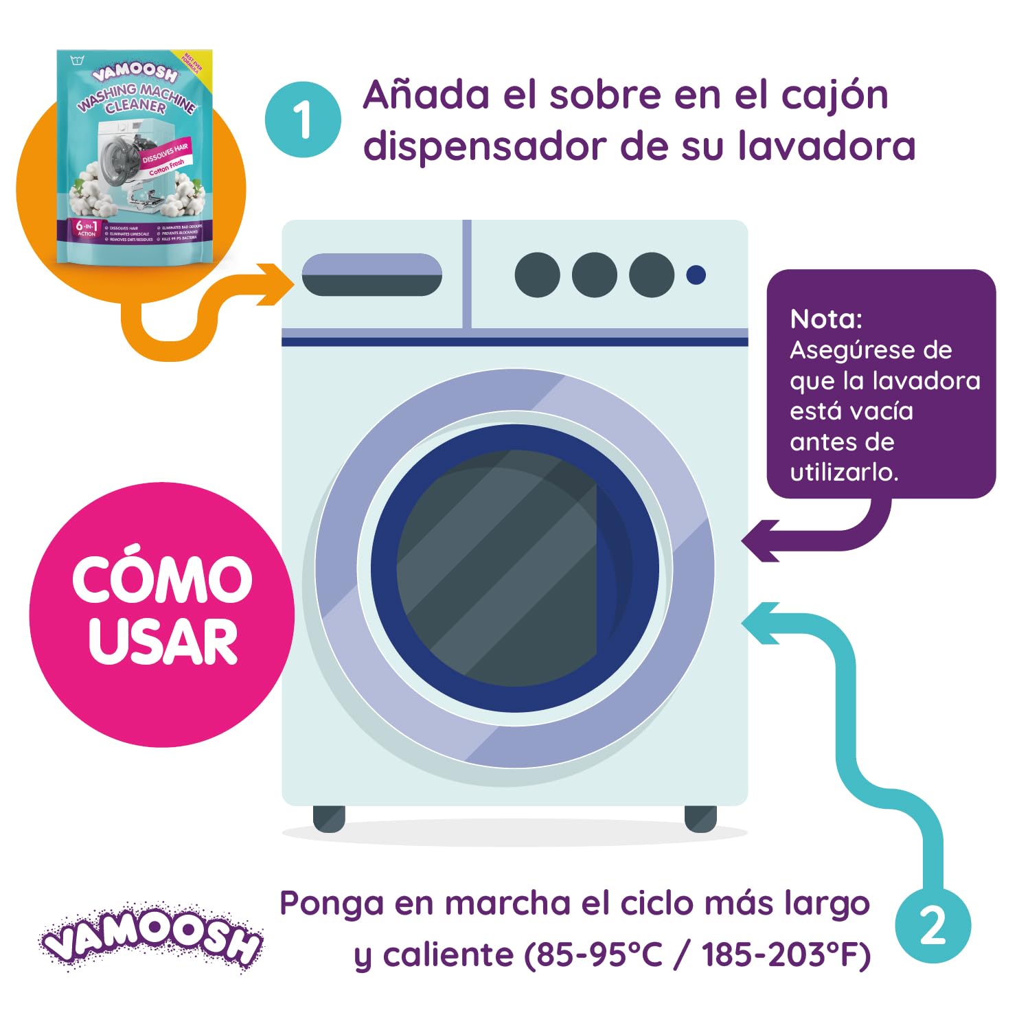 Vamoosh Limpiador de Lavadoras 6 en 1, Aroma Algodón Fresco. Disuelve pelo, elimina olores y cal, limpia en profundidad, deja olor fresco, antibacteriano, desincrusta, 6 lavados