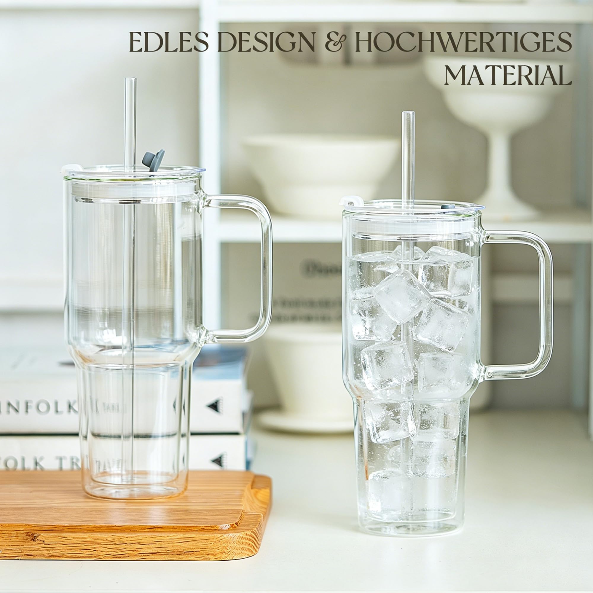 KEMORELA 2er Set Kaffeegläser mit Griff, Deckel & Glasstrohhalm, 830 ml Doppelwandige Latte Macchiato Gläser, Eiskaffee Glas, Matcha Glas, Teegläser für heiße & kalte Getränke
