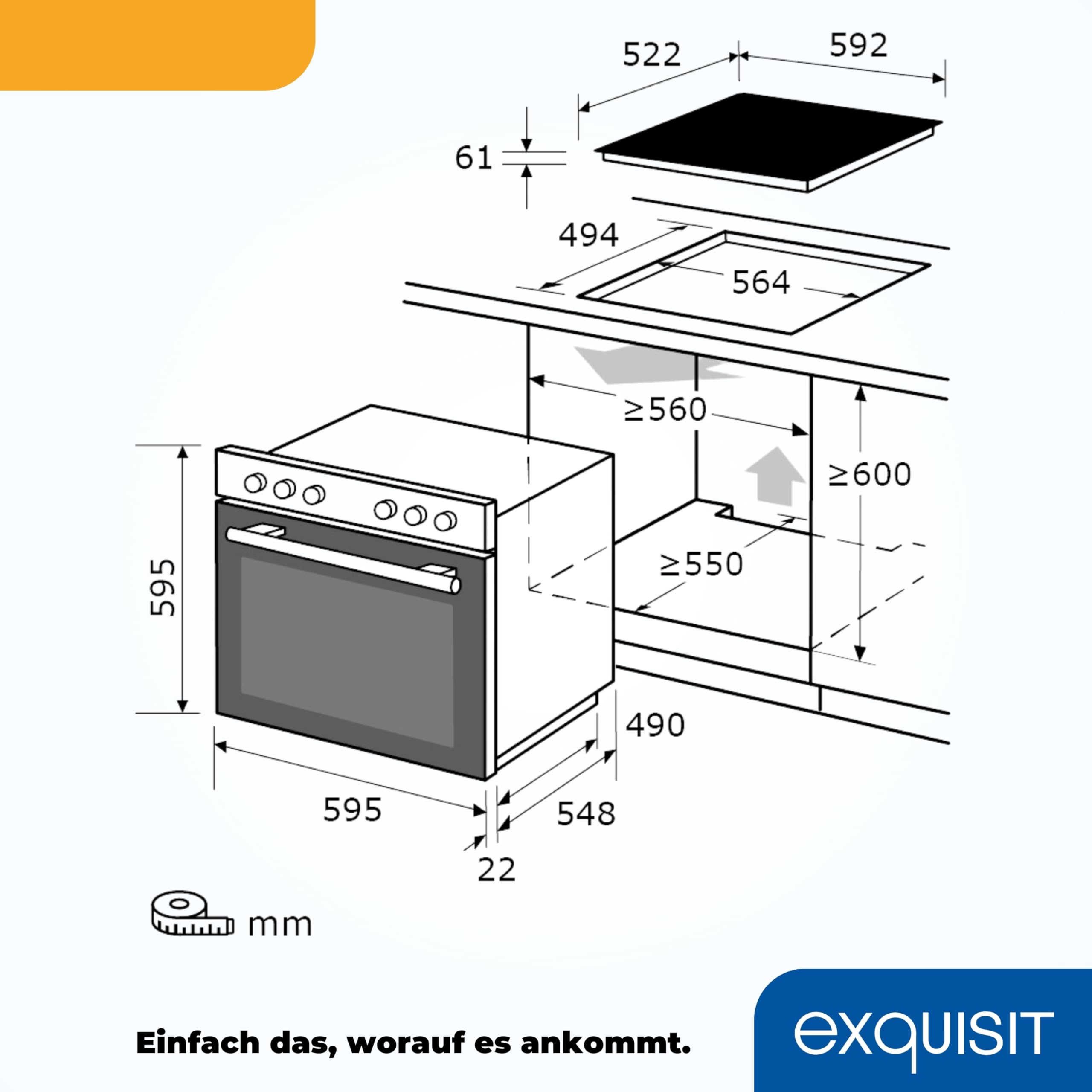 Exquisit Juego de cocina empotrable EHE285-HBZ-020 negro | 75 l de capacidad de cocción | 9 programas de horno | placa de cocción con marco | clase energética A