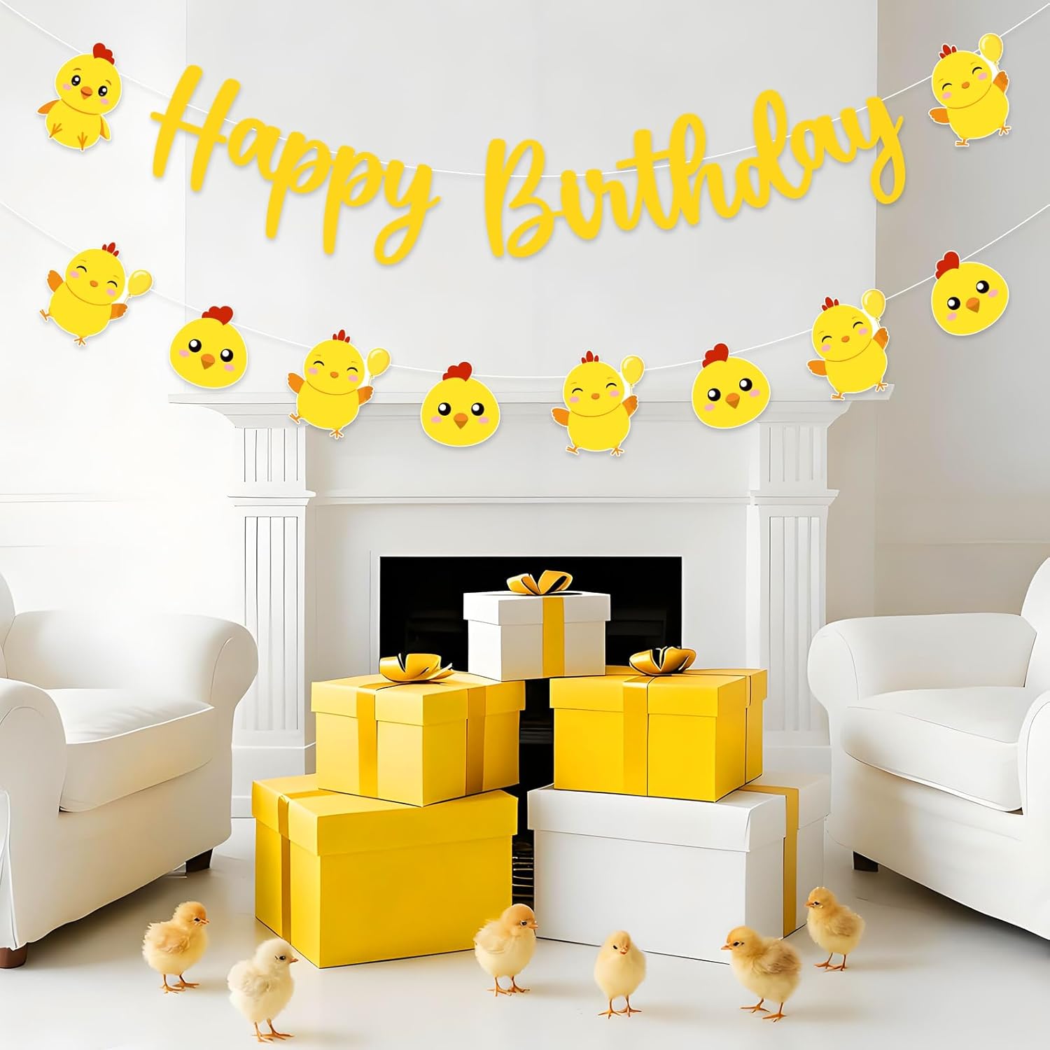 JOYMEMO Chick Happy Birthday Banners, Yellow Little Chicken Birthday Party Decorations for Boy Girl, Farm Animals Farmhouse Barnyard Theme Party Photography Background Supplies